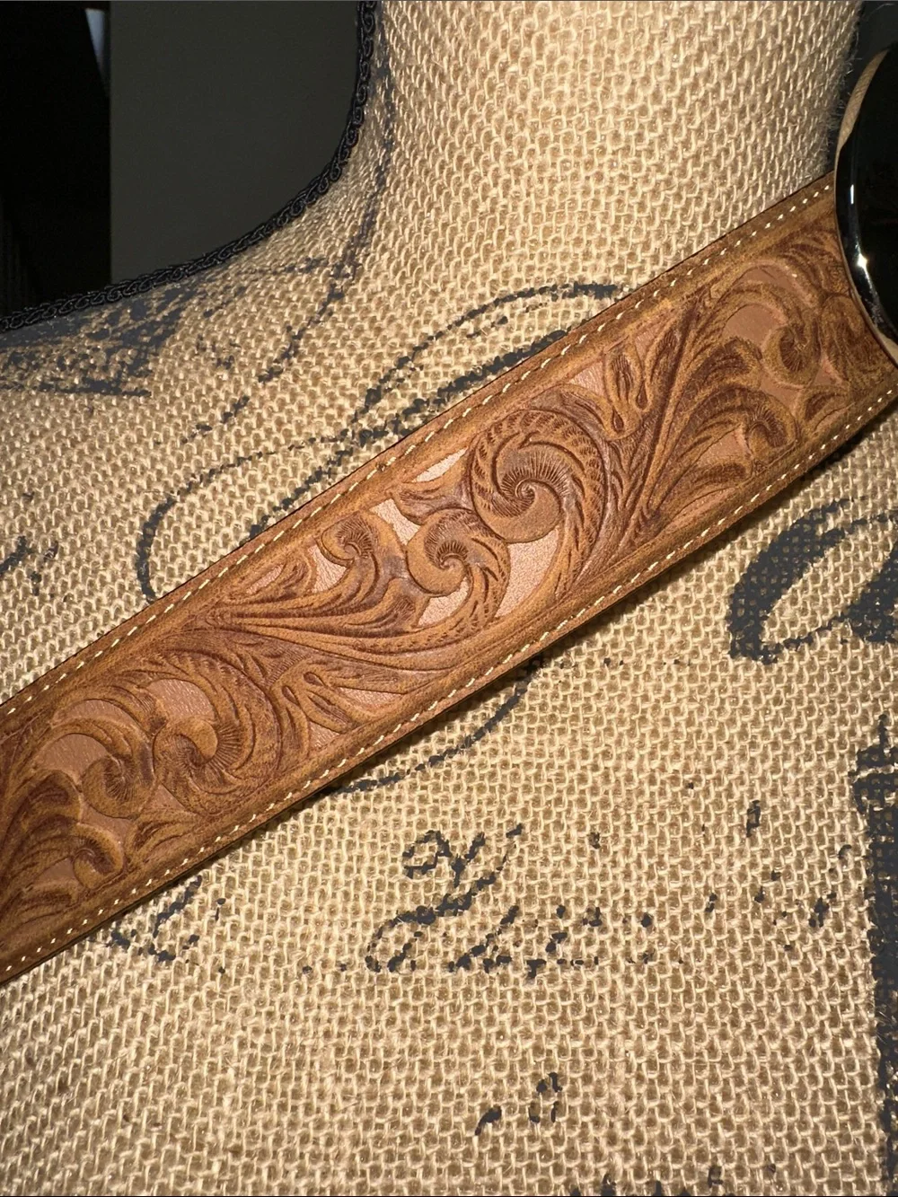Justin Boots Brown Tooled Leather Belt with Shiny Silver-Tone Round Buckle